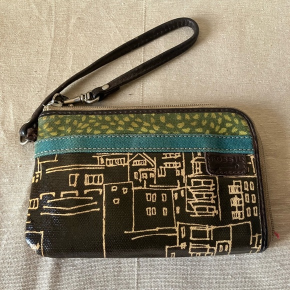 Fossil Key-Per Wallet Wristlet City Print Zipper Pouch Coated Canvas & Leather - Picture 3 of 9